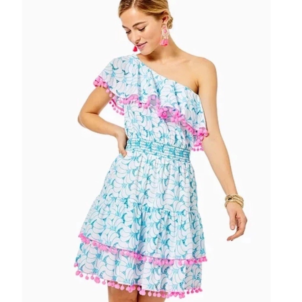 Lilly Pulitzer Addilyn One Shoulder Dress Blue Tropical Swirl Eyelet S